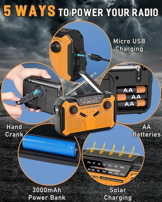 PRUNUS J-369 11100mWh Emergency Weather Radio, AA Batteries/Hand - Image 2