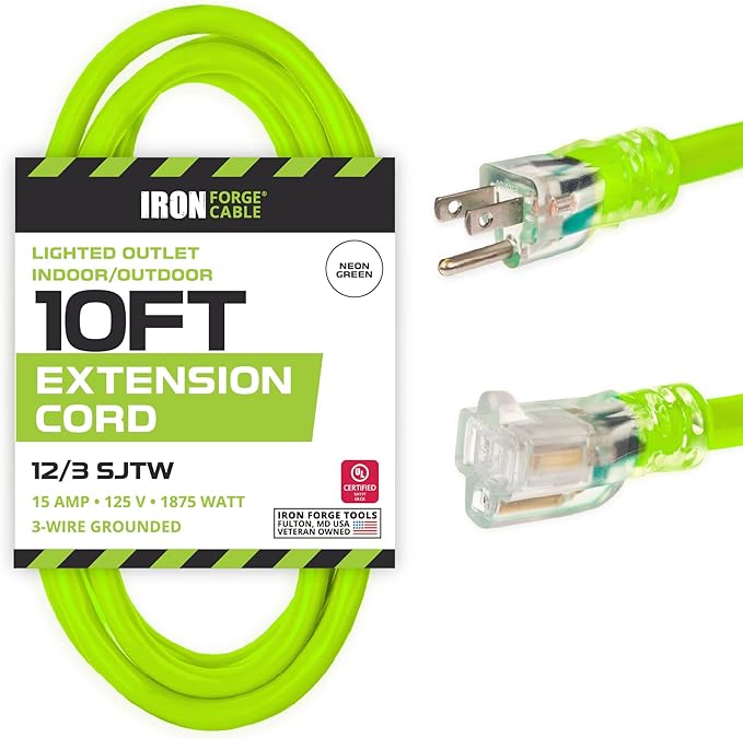 Iron Forge Cable Weatherproof 10 Ft Outdoor Extension Cord Neon Green by IronForgeCable