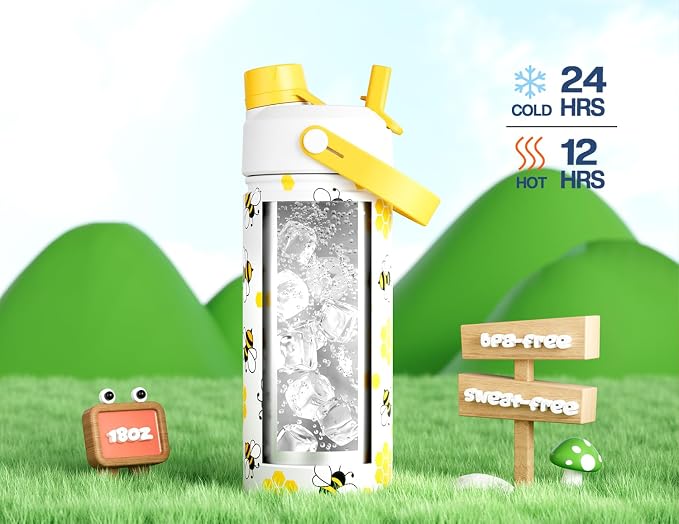 18 oz Cute Water Bottle for Kids: 2-in-1 Straw Spout Lid, Keep Cold 24H - Image 5