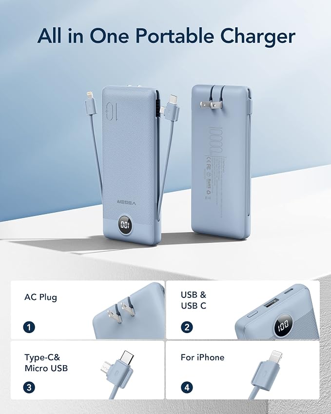 VEGER Portable Charger with Built-in AC Plug and Cables, All in One 10000mAh - Image 2