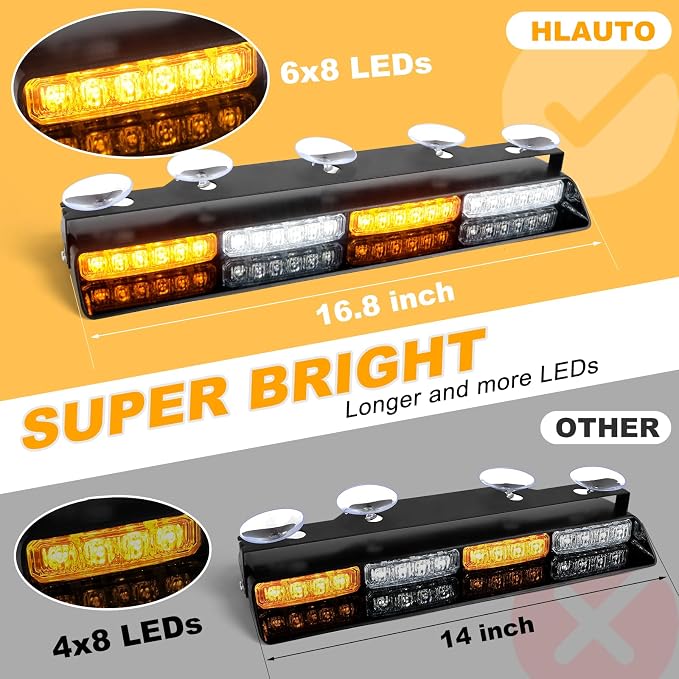 HLauto 604N Emergency Dash Strobe Lights: 2x16.8 inch Amber White Security - Image 2