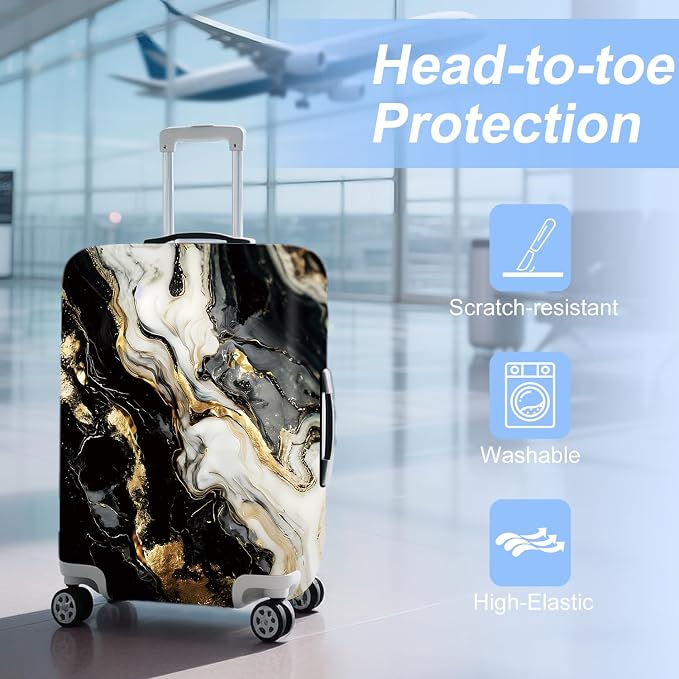 ANNA QUEEN Black White Gold Marble Luggage Cover- Stretchable, Water Resistant - Image 3