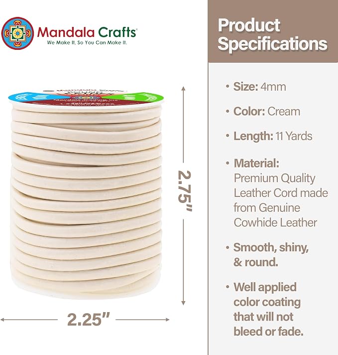 Mandala Crafts Round Genuine Cream Leather Cord - Image 4
