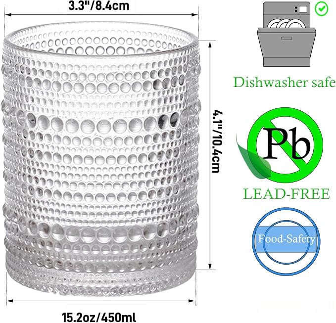 Set of 4 Hobnail Drinking Glasses, 15.2 Oz Romantic Water Glasses, Cocktail - Image 5