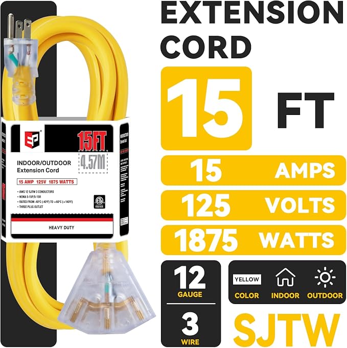 EP 15 Ft 12 Gauge Heavy Duty Extension Cord, 15A 125V 1875W, 3 Outlet - Image 2