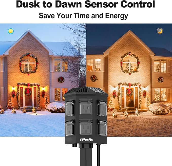 TiFFCOFiO Outdoor Power Strip Timer, Dusk to Dawn Light Sensor Countdown - Image 5
