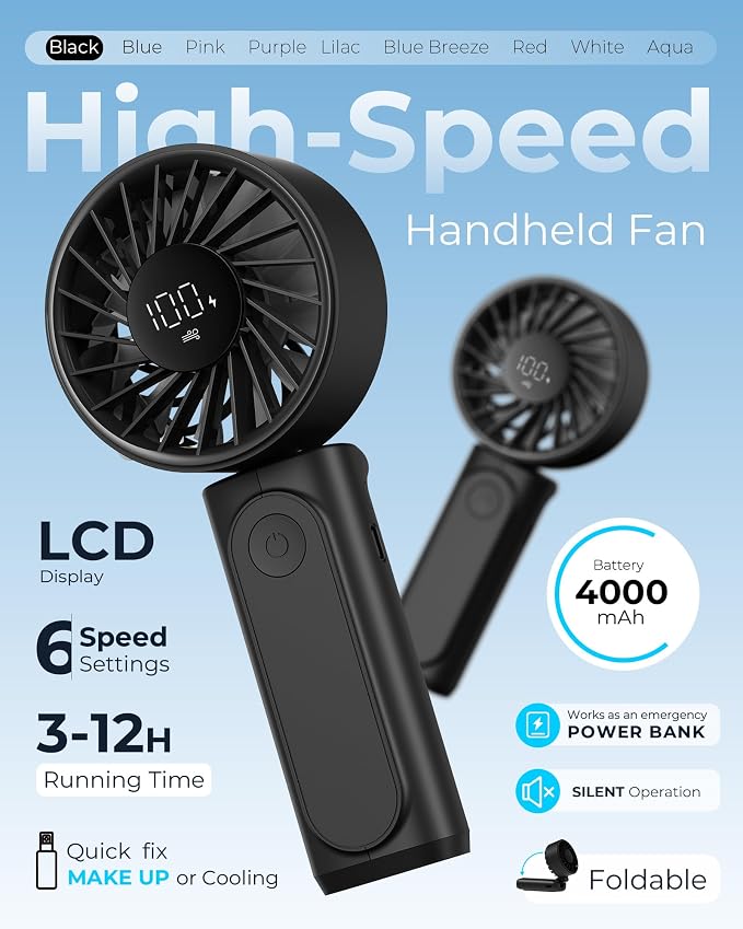 Peiyuu Handheld Fan, Portable Fan, 4000mAh Rechargeable Personal, 180° Foldable - Image 2