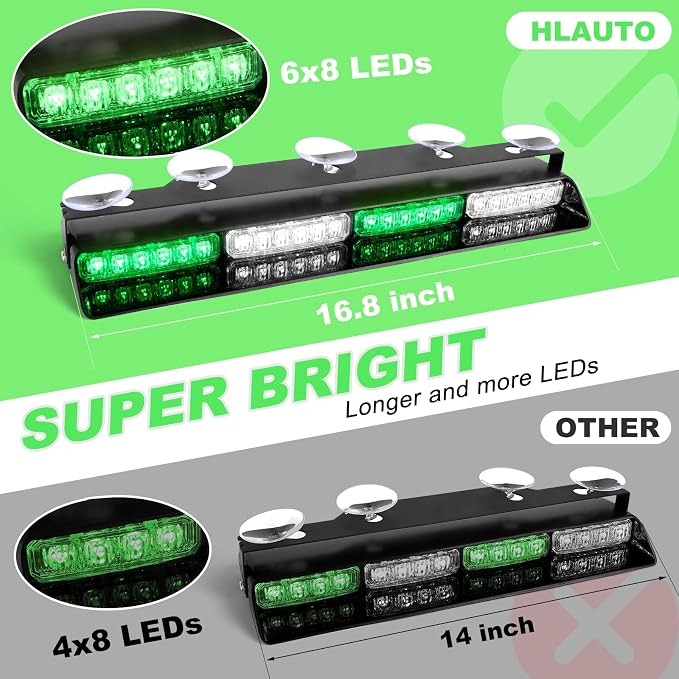 HLauto 604N Emergency Dash Strobe Lights: 2x16.8 inch Green White Security - Image 2