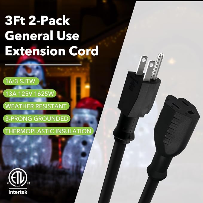 BN-LINK 3ft Indoor Outdoor Extension Cord 16/3 SJTW, 2 Pack, PVC Cable Jacket - Image 2