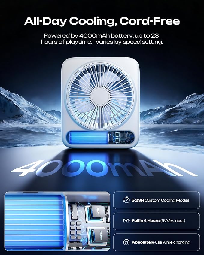 Otlonpe Personal Portable Desk Fan, 4000mAh Small Rechargeable Portable Fan - Image 3