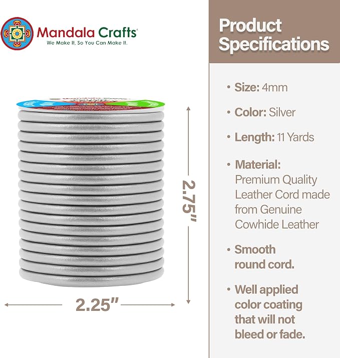 Mandala Crafts Round Genuine Silver Leather Cord - Image 2