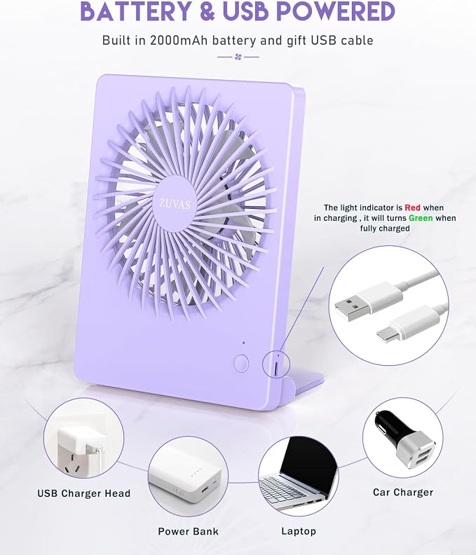 Zuvas Desk Fan Battery Operated Fan Rechargeable 180°Tilt Folding Personal Fan - Image 4