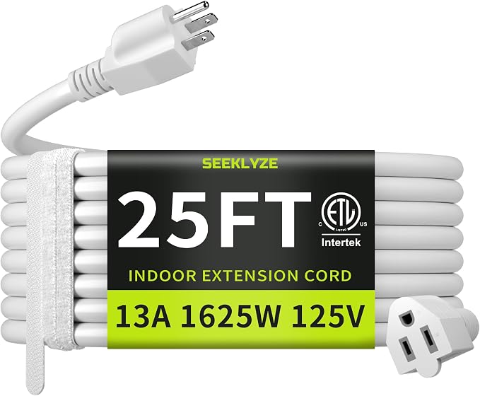 16/3 White 25 FT Extension Cord, Indoor Extension Cord by Seeklyze