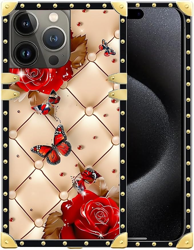 Compatible with iPhone 16 Pro Max Case, Shining Red Rose Butterfly Leather by Unknown