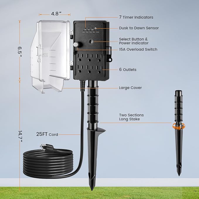 SURAIELEC Outdoor Power Stake, Dusk to Dawn Light Timer, 25FT Extension Cord - Image 7