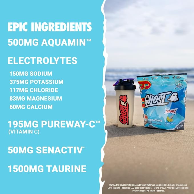 GHOST Hydration Packets, Sonic Ocean Water, 24 Sticks, Electrolyte Powder - Image 3