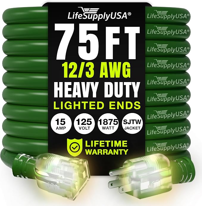 75ft Outdoor/Indoor Extension Cord 12/3 Gauge Extra Heavy Duty 3 Prong SJTW by LifeSupplyUSA