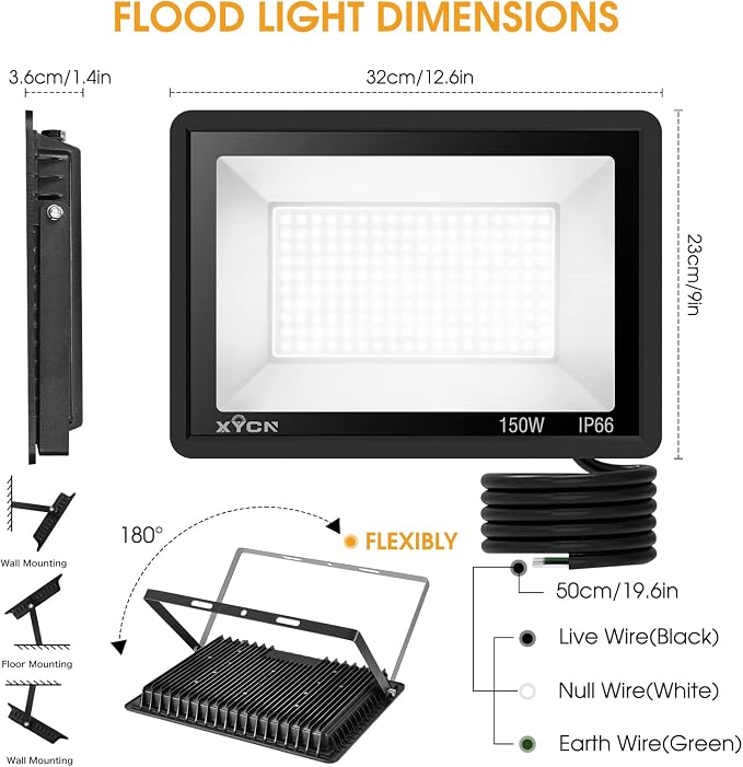 XYCN 150W LED Flood Light Outdoor, 2 Pack 15500LM Super Bright Security Light - Image 4