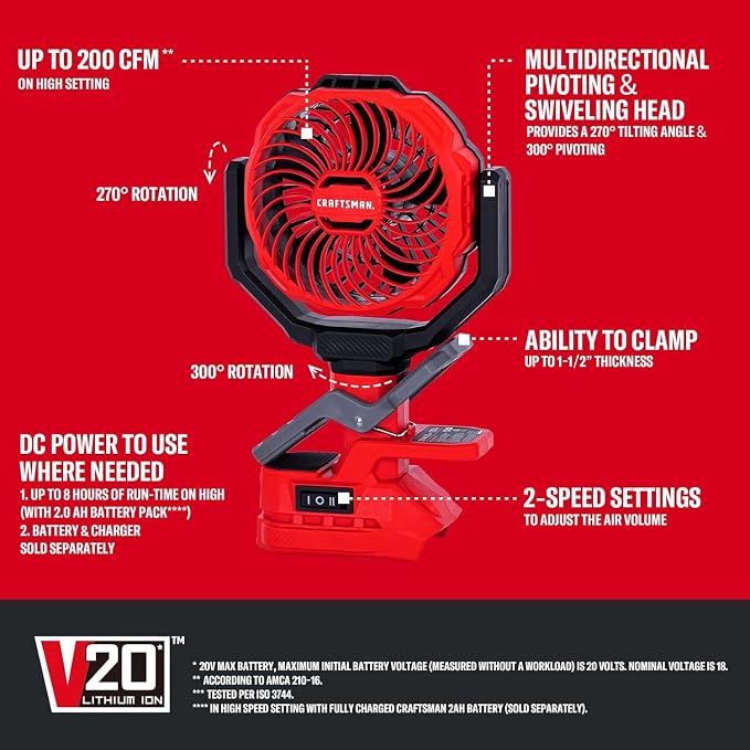 CRAFTSMAN Portable Clip on Fan Rechargeable, Small Personal Clamp Fan Battery - Image 3