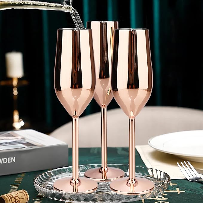 TJ Unbreakable 8 Oz Stainless Steel Champagne Flutes- Rose Champagne Glasses - Image 4