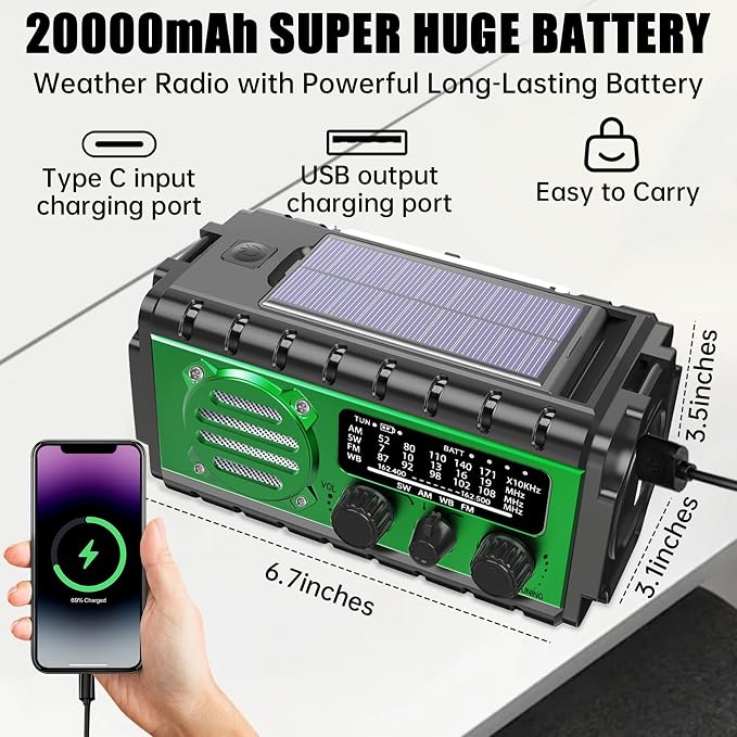 Aivica 20000mah Emergency Radio, SW/NOAA/AM/FM Weather Radio, Solar Powered - Image 4
