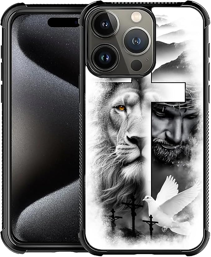 for iPhone 16 Pro Max Case, Lion Cross Jesus Christ Dove Pattern Graphic Design by FKBRCL4U
