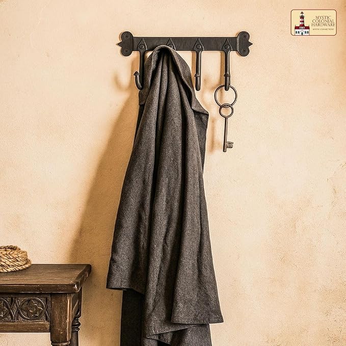 Mystic Colonial Medieval Rustic Hand-Forged Iron Wall Mounted Coat Rack | - Image 6