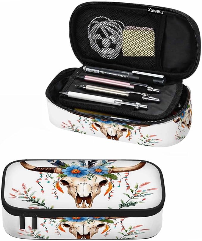 Cow Skull Pencil Holder Bag Bull Head Flowers Feathers Boho Style Pencil Case by Unknown