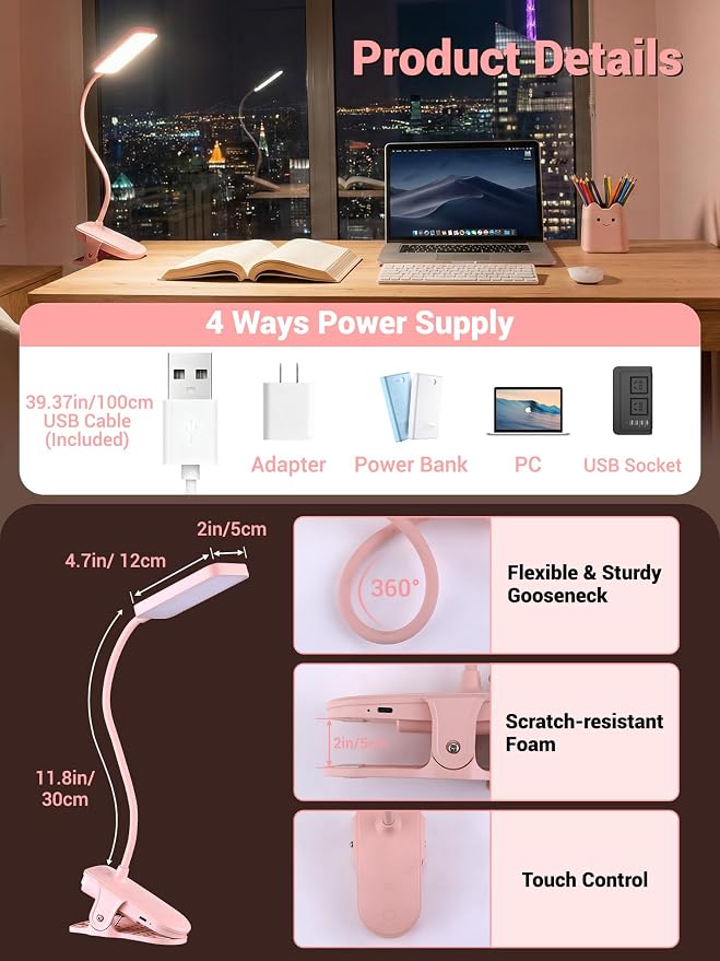 Pink Desk Lamp with Clamp Light, 9 Brightness+5 Color Clip on Light, 4000mAh - Image 8