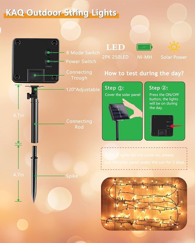 Upgrade 2Pack 500LED Solar String Lights Outdoor Waterproof, 180FT Solar Lights - Image 7