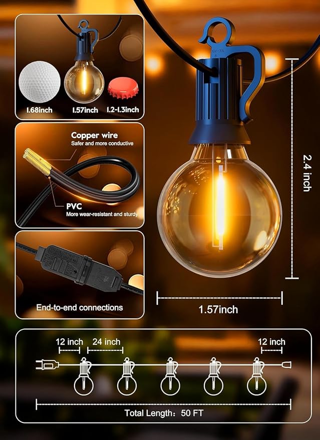 Brightown Outdoor String Lights, 55FT 25 G40 Bulbs Shatterproof IP65 Patio - Image 6