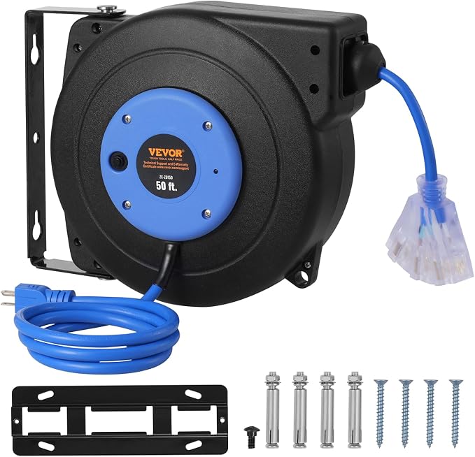 VEVOR Retractable Extension Cord Reel, 50 FT, Heavy Duty 14AWG/3C SJTOW - Image 9
