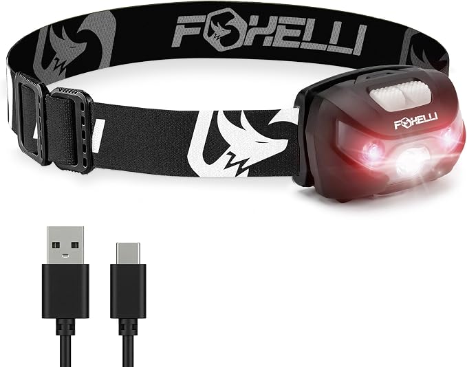 Foxelli USB-C Rechargeable LED Headlamp – Super Bright, Lightweight Head Lamp by FOXELLI