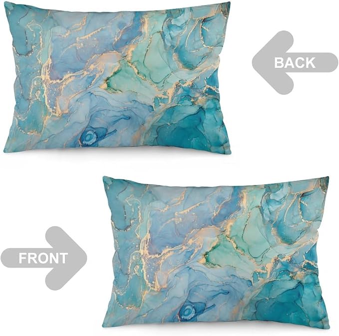 Teal Marble Throw Pillow Covers Set of 2 Queen Size Turquoise Blue Gold Natural - Image 3