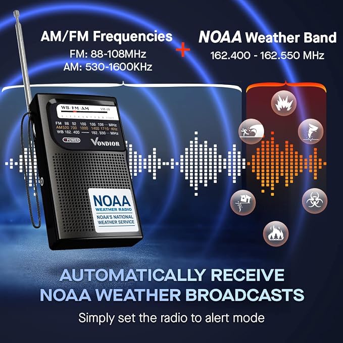 Vondior Portable NOAA Weather Radio, Battery Operated Emergency NOAA/AM/FM Radio - Image 3