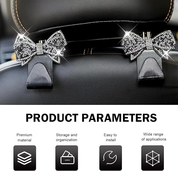2 PCS Bling Bow Car Seat Headrest Hooks, Cute Rhinestone Bow Car Seat Back - Image 3