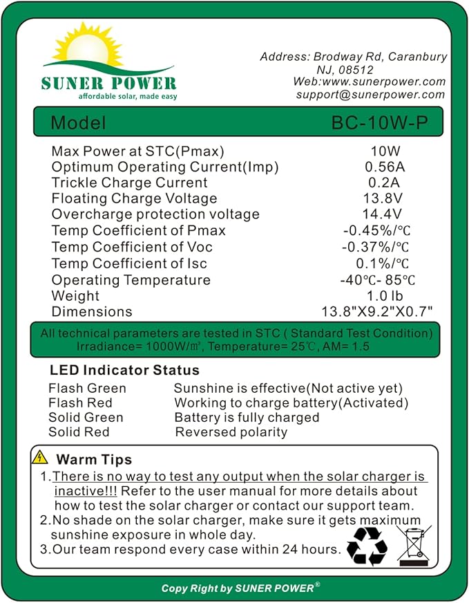 SUNER POWER 10W 12V Solar Battery Charger Maintainer, Built-in Smart MPPT - Image 5