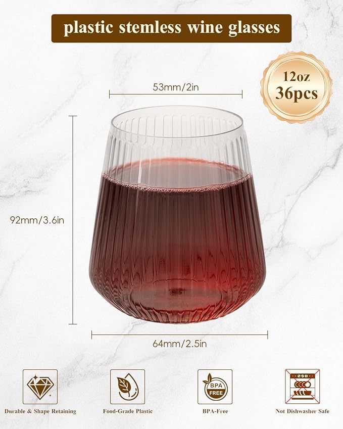 Goodluck 36 Pack 12oz Stemless Plastic Wine Glasses – Clear Ribbed Cups - Image 2