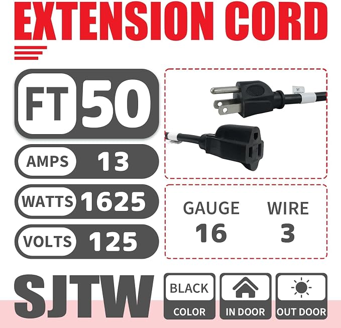 EP 50FT Black Outdoor Extension Cord, 16/3 SJTW Heavy Duty Waterproof, 3 Prong - Image 2