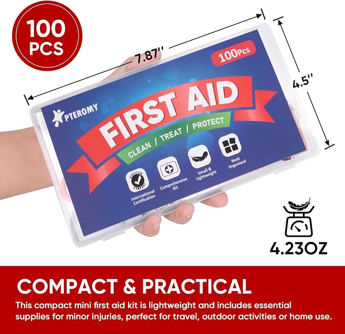 PTEROMY 100 Piece Mini First Aid Kit, Portable Small Emergency Kits Compact 1st - Image 2