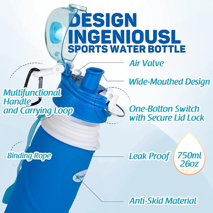 Kemier Collapsible Silicone Water Bottles-750ML, Medical Grade, BPA Free Travel - Image 7