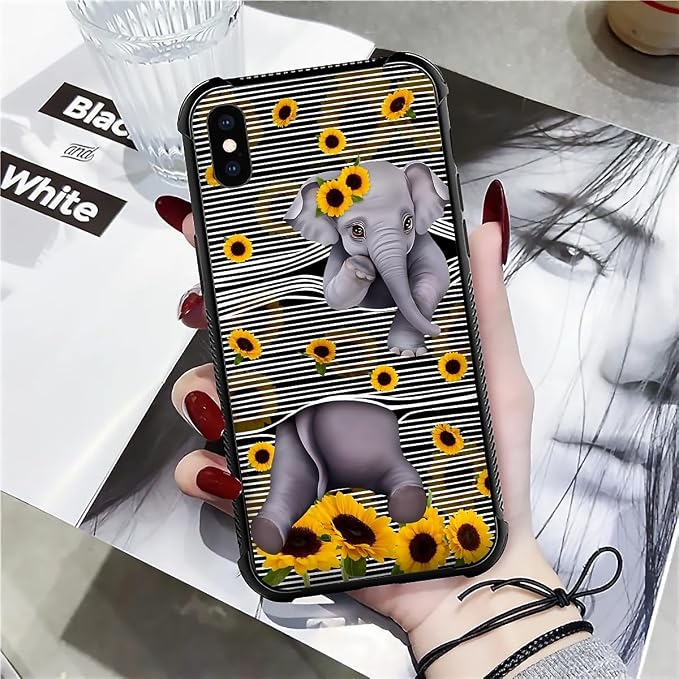 for iPhone Xs Max Case, Cute Little Elephant Sunflower White Line Art Pattern - Image 7