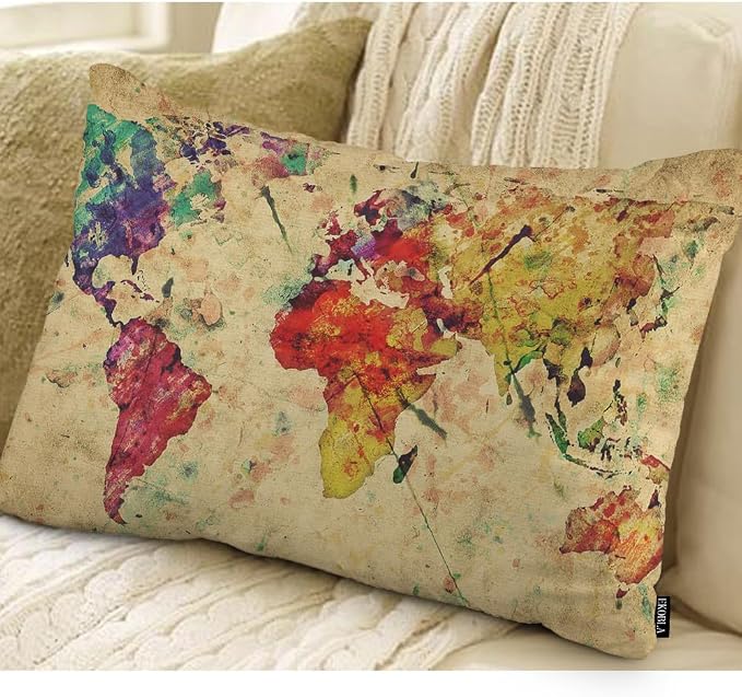 EKOBLA Watercolor World Map Lumber Pillow Cases Vintage Global Graphic Home - Image 2