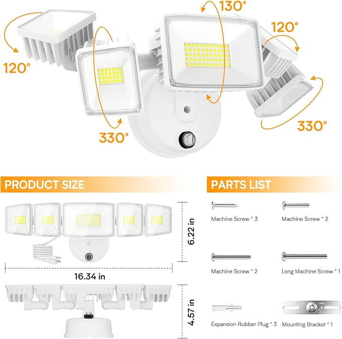 Onforu 150W 15000LM Dusk to Dawn Outdoor Lighting, 5 Heads Plug in Flood Lights - Image 5