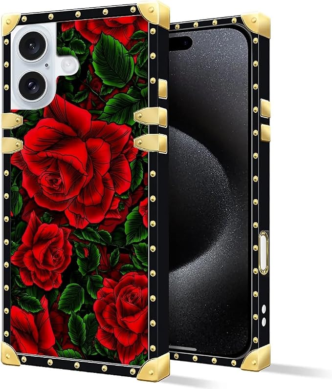 Compatible with iPhone 16 Plus Case, Vector Red Rose Green Leaf Luxury Golden - Image 3