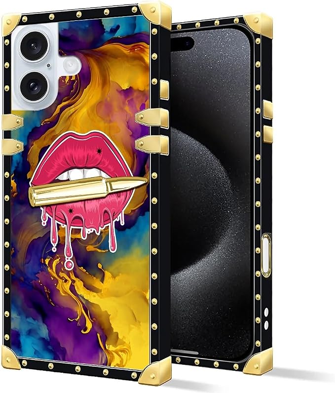 Compatible with iPhone 16 Case, Cool Corlorful Lip Marble Luxury Golden - Image 2