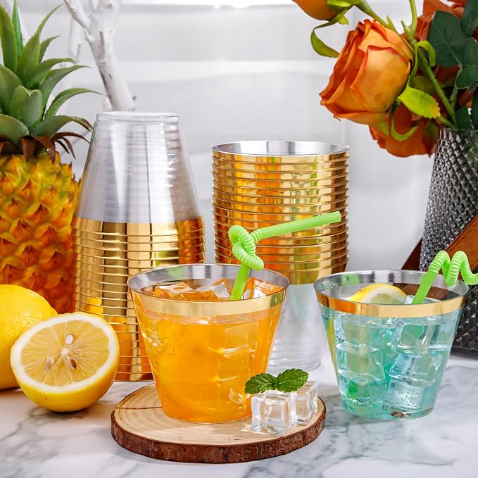 I00000 200 Pack Gold Plastic Cups, 9 Oz Elegant Clear Plastic Cups Gold Rimmed - Image 7