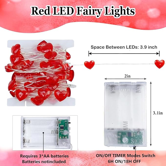 10FT Red Heart Fairy Lights Battery Operated - Image 4