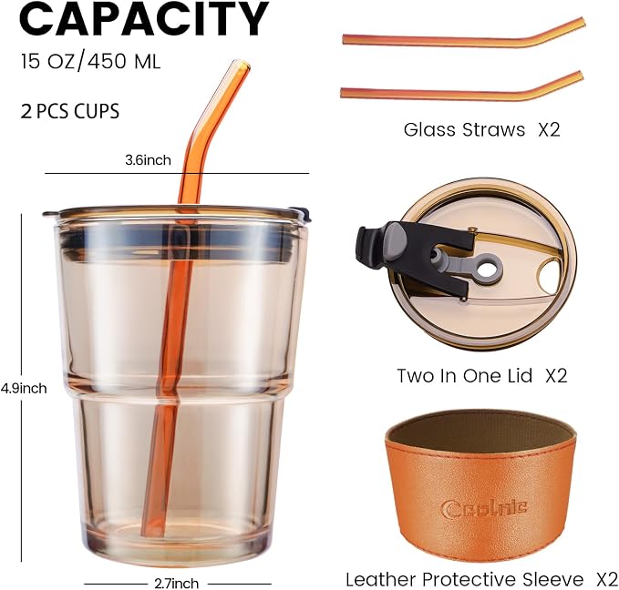 2 PCS Iced Coffee Cups with Lids, 15Oz/450ml Glass Cups With Lids and Straws - Image 2