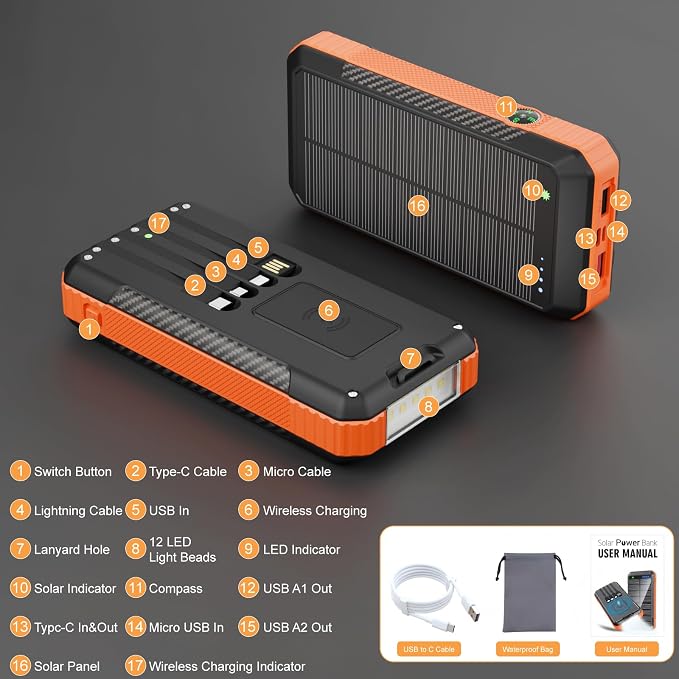Solar Power Bank 33800mAh with Super Bright LED Flashlight, Built-in 4 Cables & - Image 6